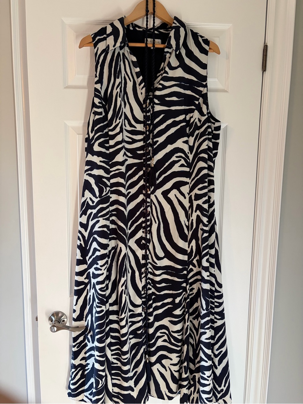 Sleeveless Zebra-Print Maxi Dress in Dark Blue & White